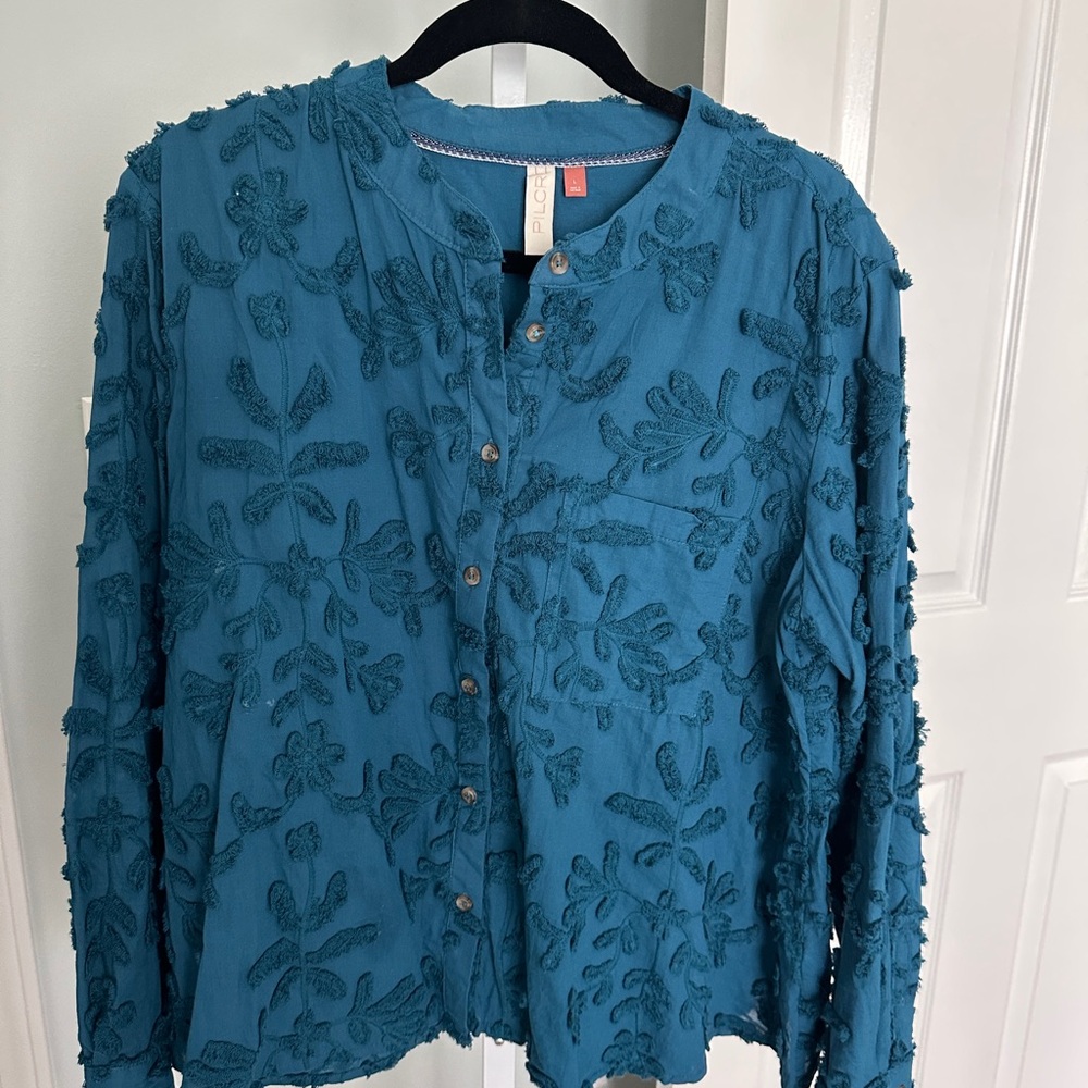 Teal Textured Button-Up Blouse